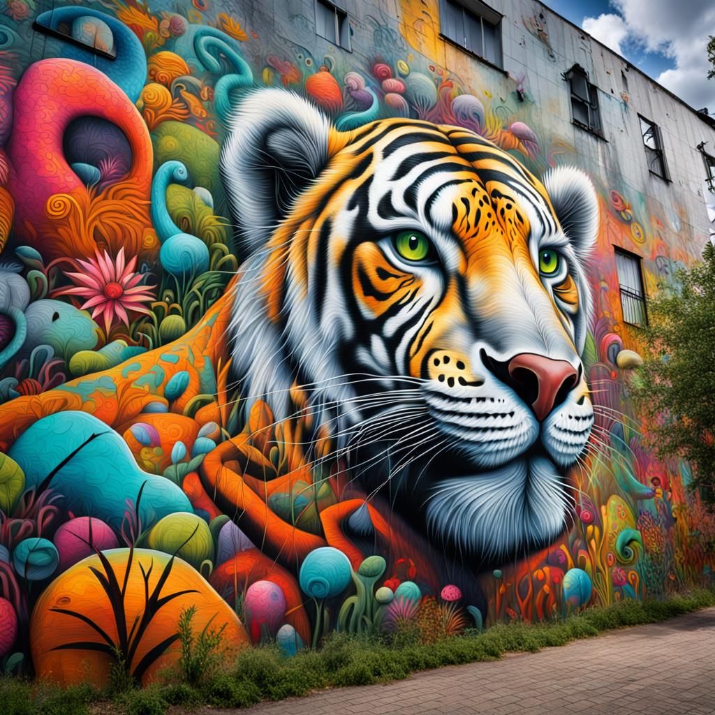 Whimsical Animal Graffiti Wall in Hyperrealistic Style