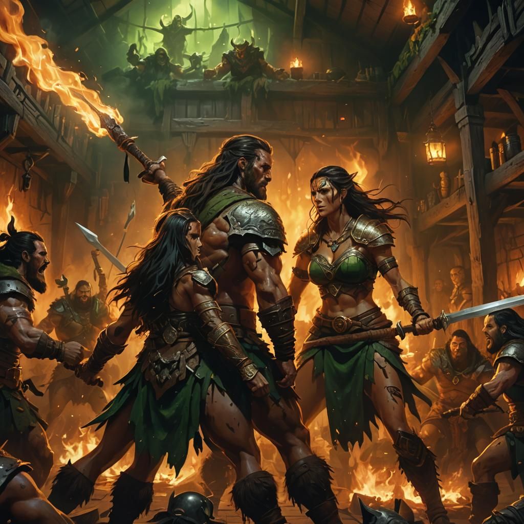 Barbarian and Amazon vs Lich in Dark Tavern