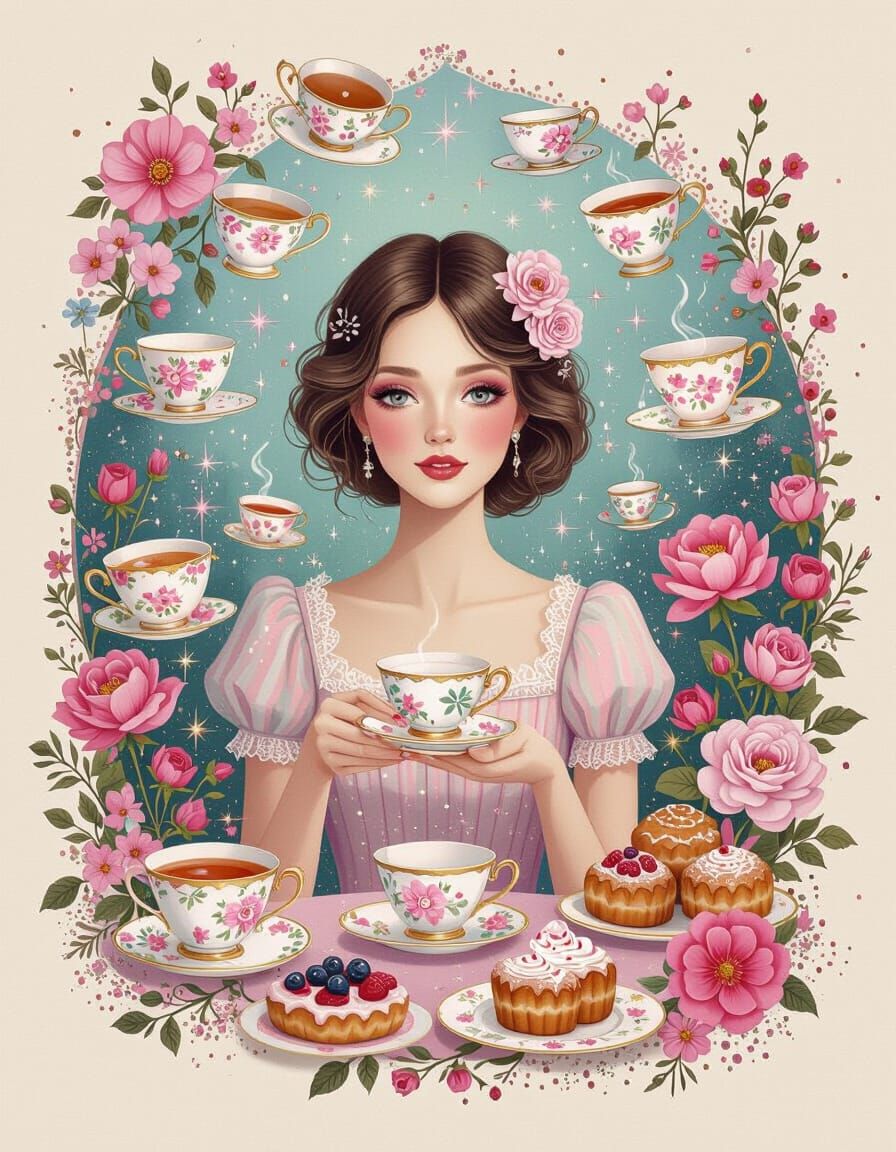 Whimsical Tea Party Collage with Woman, Pastries & Flowers