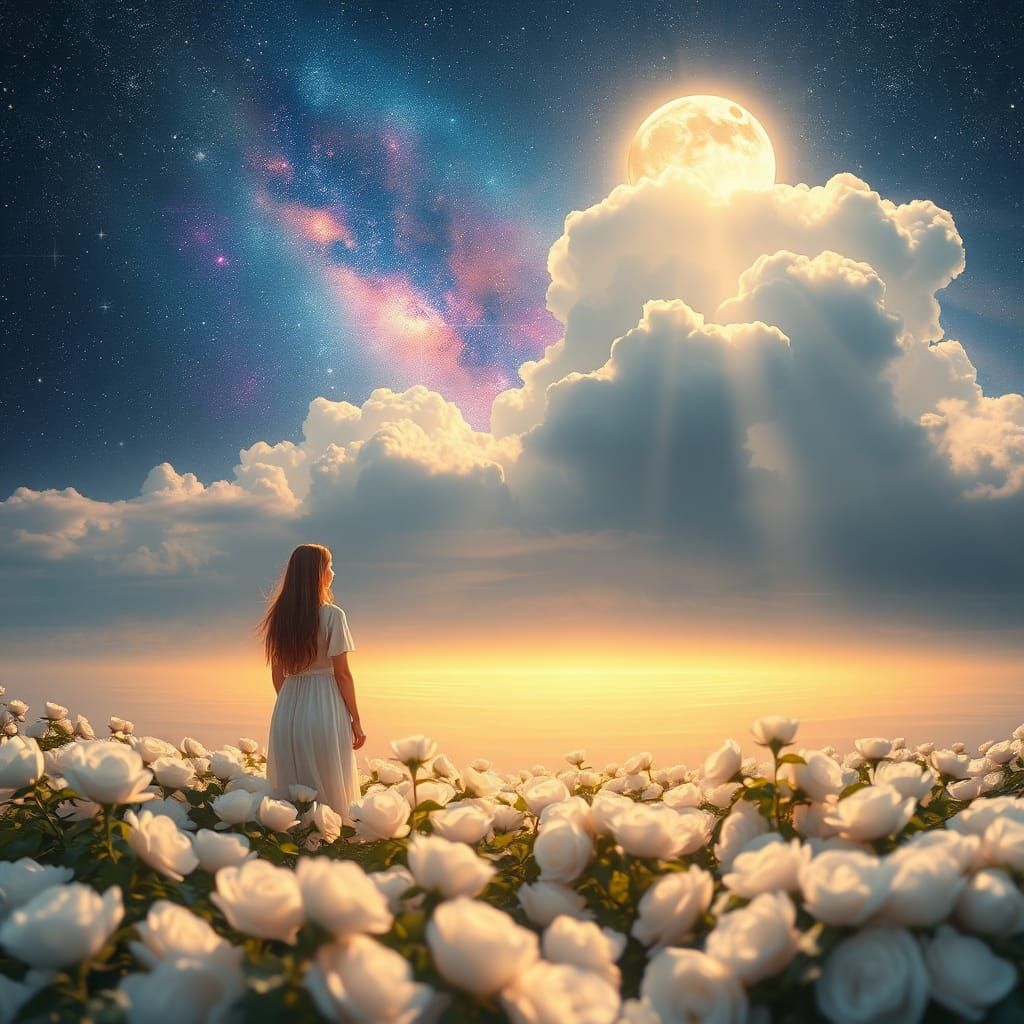 Woman at Glowing Lake Under Galaxy Sky