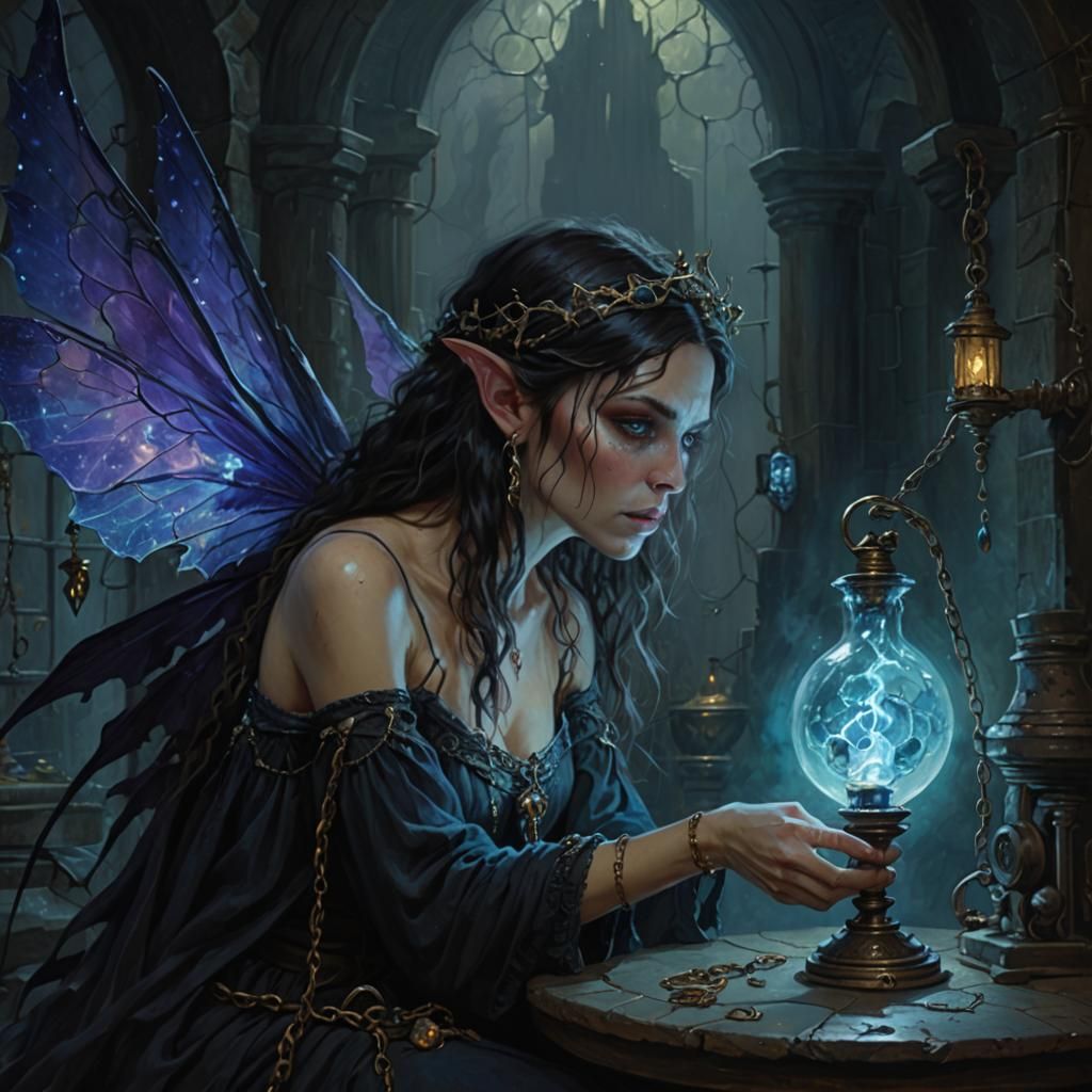 Imprisoned Faerie Seer in Oil Painting Style