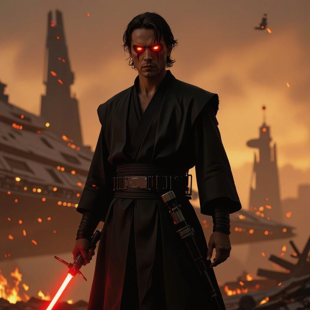 Nighttime Figure with Red Eyes in Destroyed Landscape