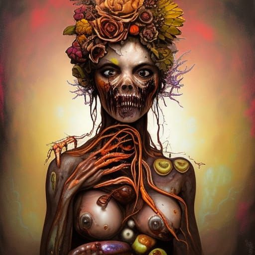 Biopunk zombie girl sepia colors hecha de calaveras, insectos, bichos, flores silvestres, pintura mate meticulosamente d...
