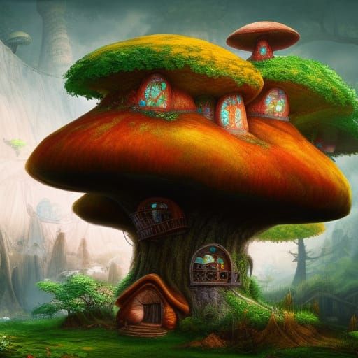 Fantastical Mushroom Tree House in Matte Painting Style