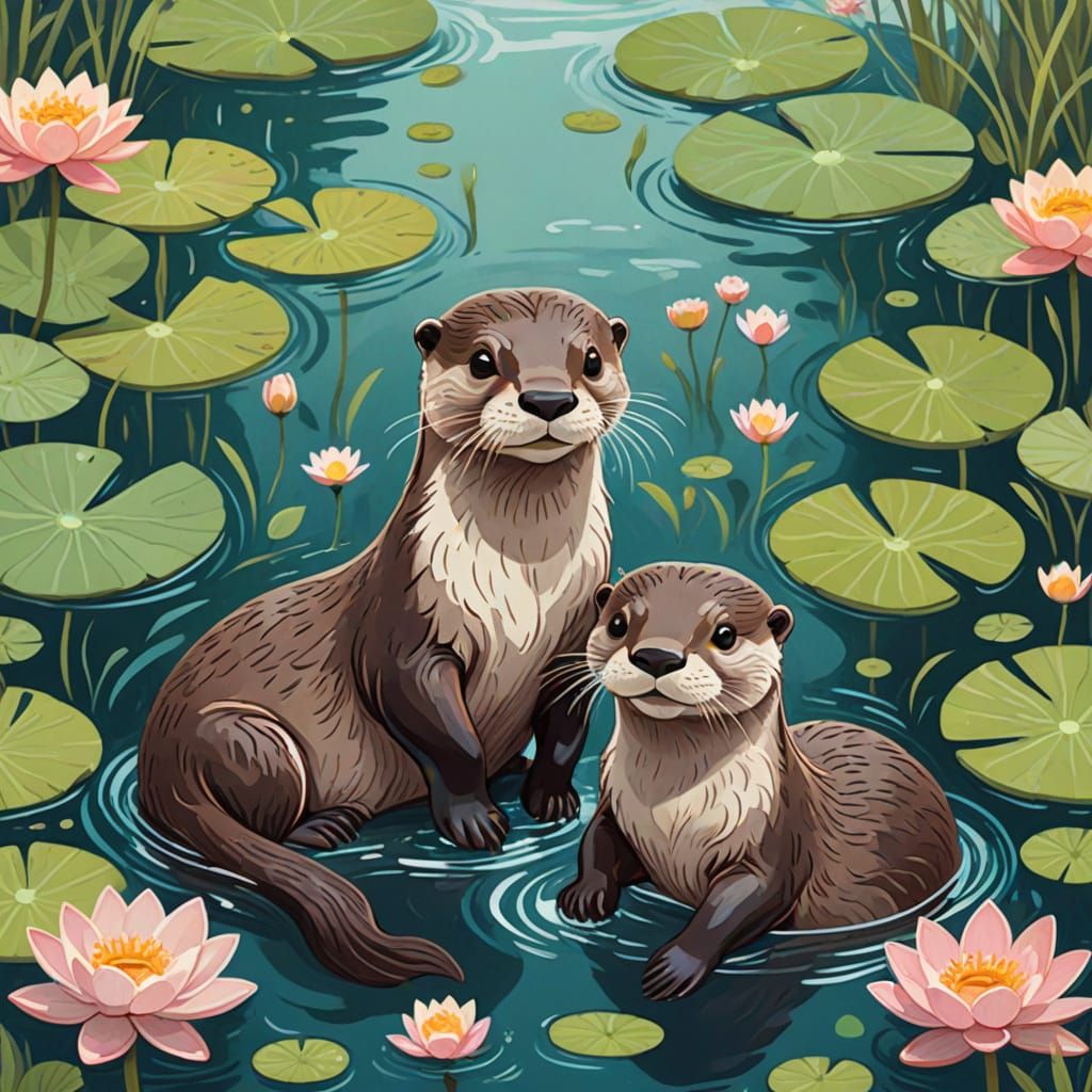 Whimsical Cartoon Otter Couple in Heart-Shaped Pond
