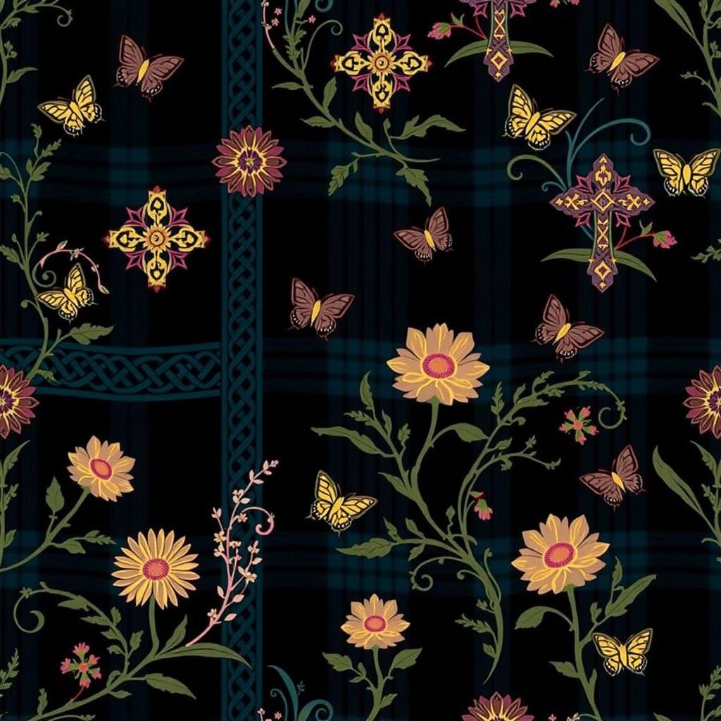 Confident Clergy Tartan Fabric with Celtic Crosses and Flora...