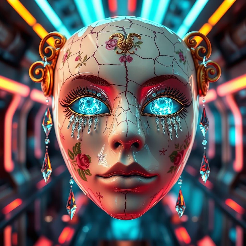 Futuristic, Cracked Porcelain Mask Cries Luminous Tears
