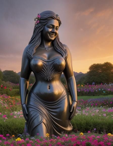 Granite Sculpture of Woman in Flower Garden