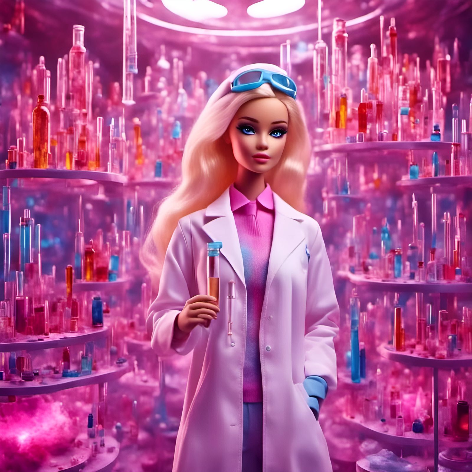 Hyperreal Barbie in Lab with Test Tubes