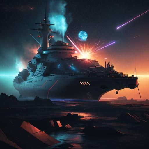 Sci-Fi Battleship Drifting Through Nebula