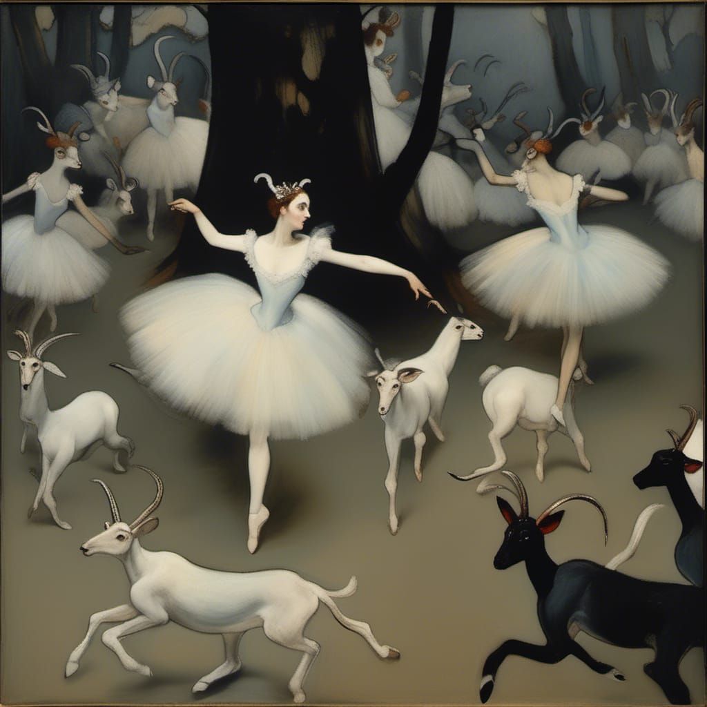 Ethereal Whimsy: Dancers in Eerie Forest Ballet Scene