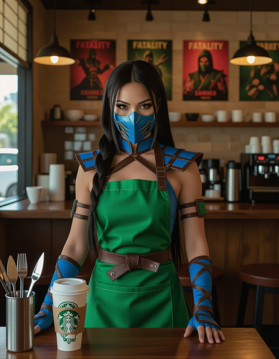 Kitana as Starbucks Barista in Mortal Kombat Cafe