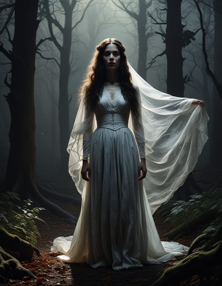 Ethereal Oil Painting of a Ghostly Apparition in a Foggy For...