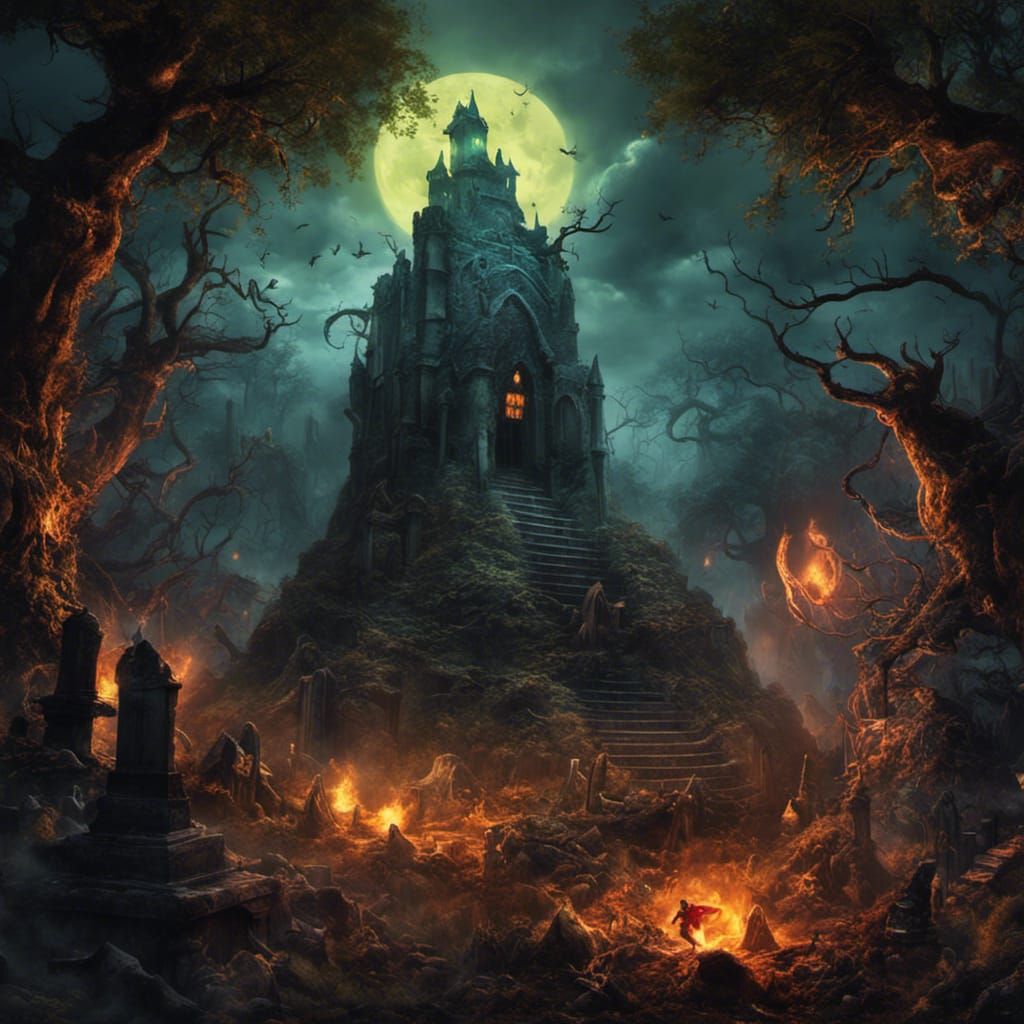Monster Mash Graveyard Scene: Detailed Fantasy Art