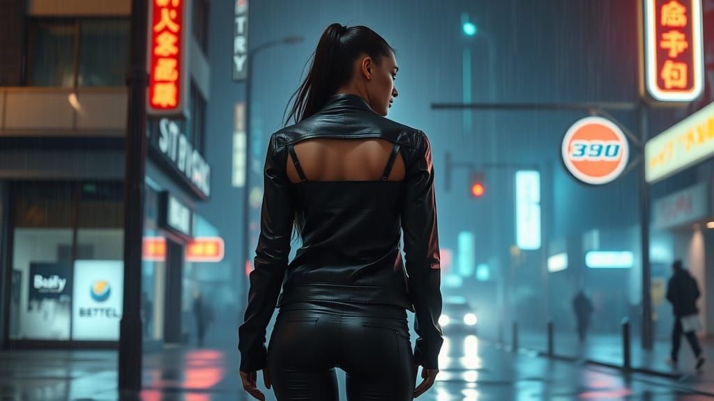 Cyberpunk Cityscape with Mysterious Female Protagonist