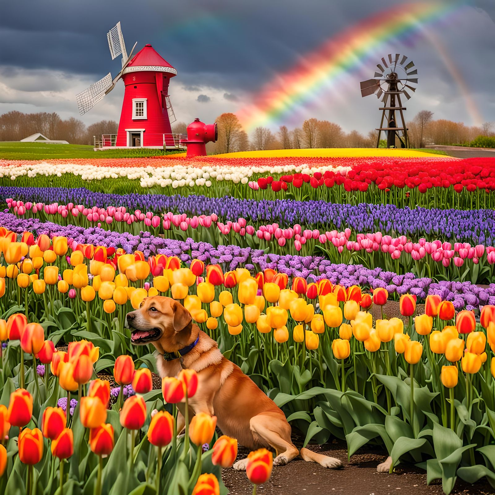 Windmill surrounded by rainbow colored tulips with a dog and fire hydrant in the picture, cloudy day