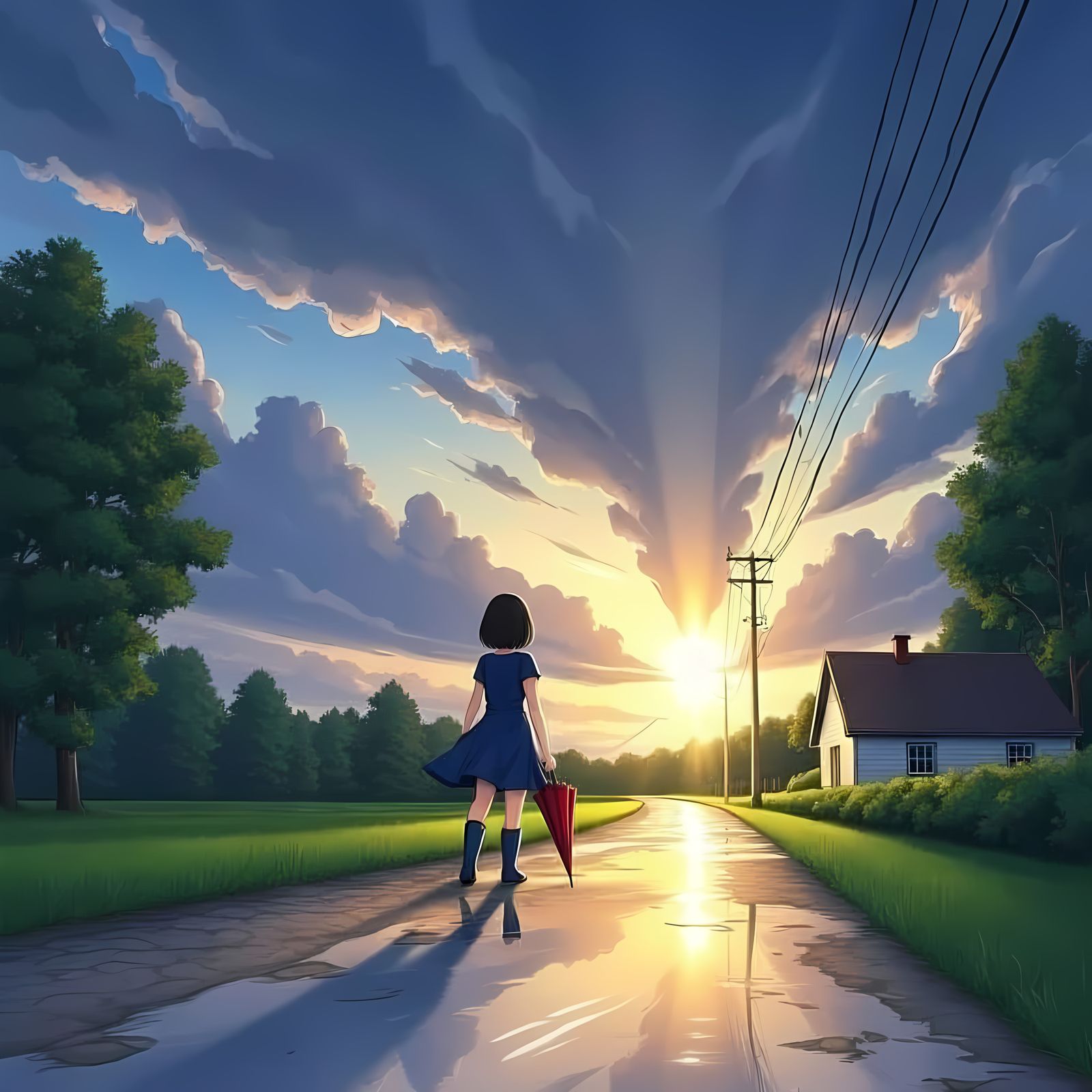 Girl Walks Home After Storm in Anime Style