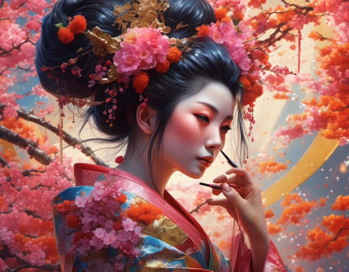 Sensual Geisha Portrait in Hyperrealistic Splash Art