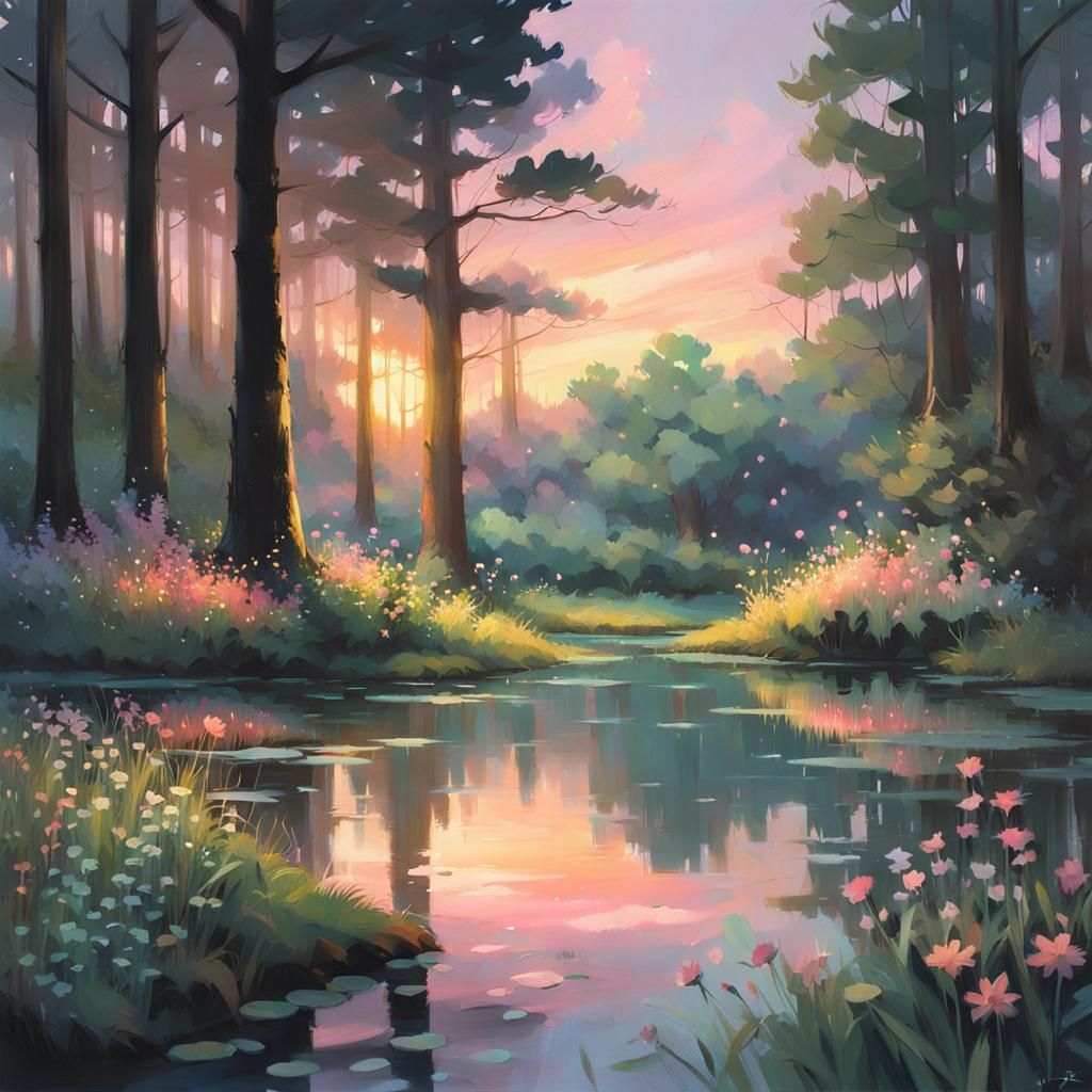 Enchanted Forest Clearing at Twilight in Digital Art Style