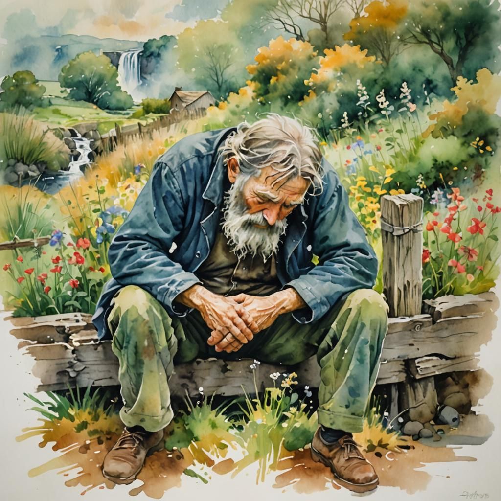 Hobo Sleeping in Misty Watercolor Landscape