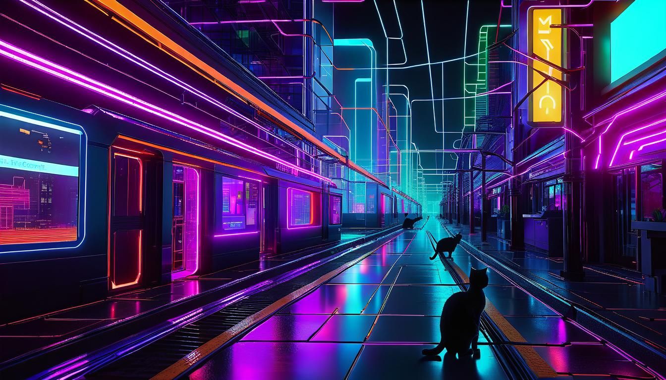 Neon Cyberspace Cityscape with Cats in Cyberpunk Style