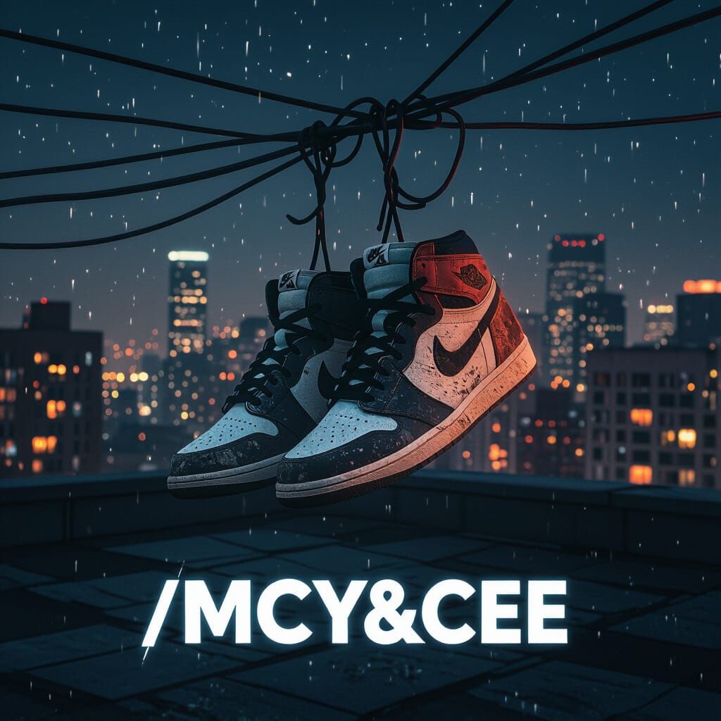 Worn Sneakers Suspended Over City Rooftop in Surreal Style