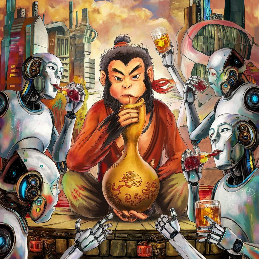 Sun Wukong and Robots in Futuristic City