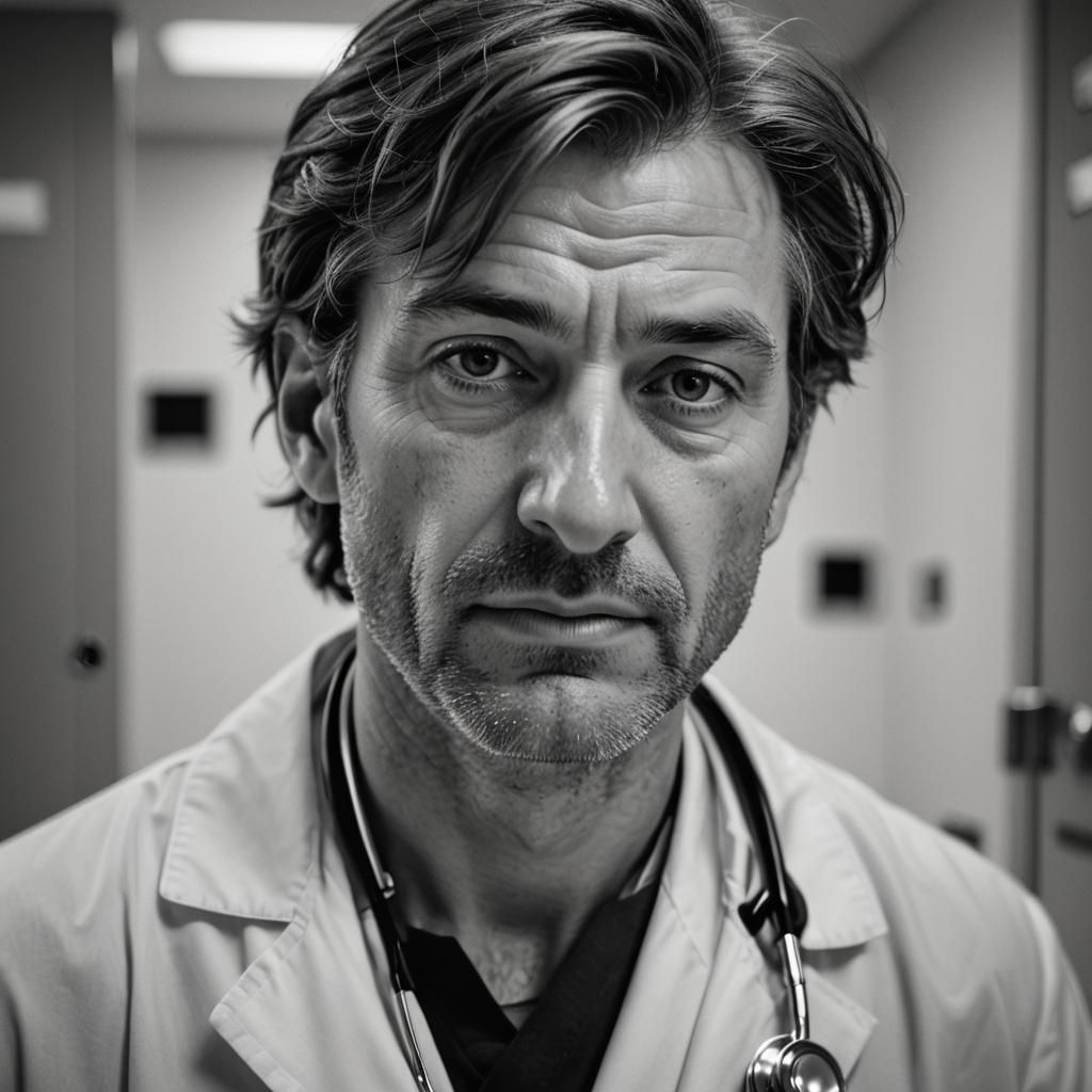 Exhausted Doctor: High Contrast Black and White Portrait