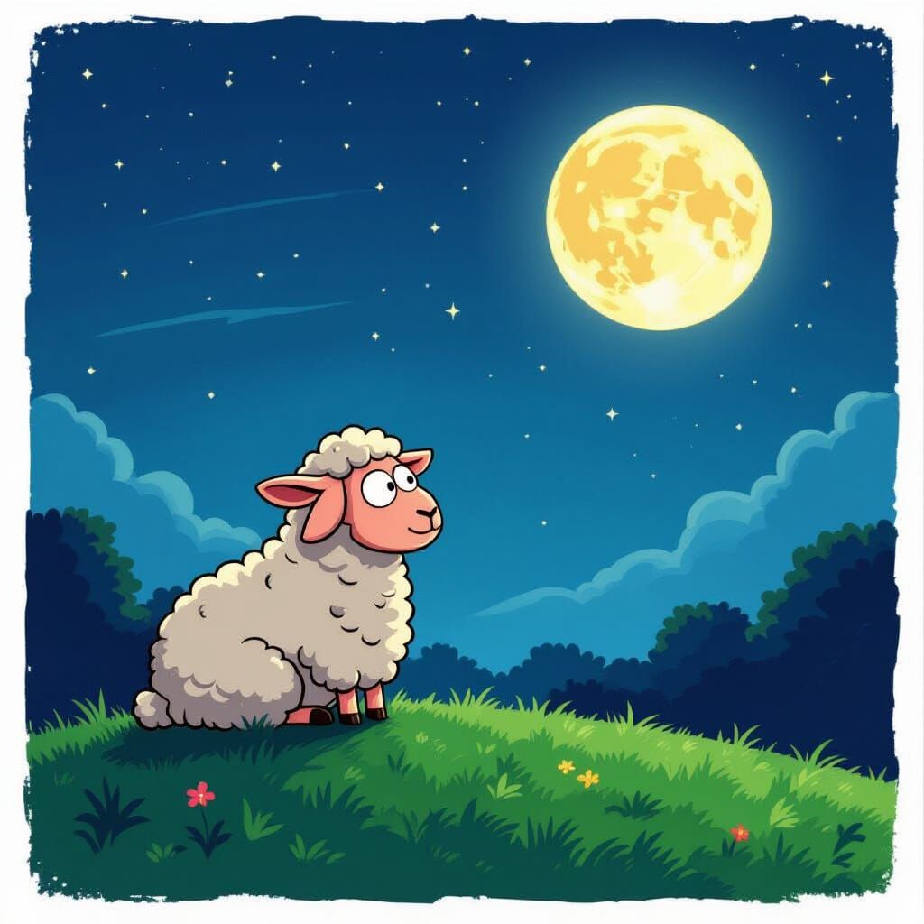 Cartoon Sheep's Existential Dread Under the Moon