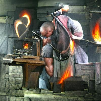 Blacksmith at Forge Crafting Metal