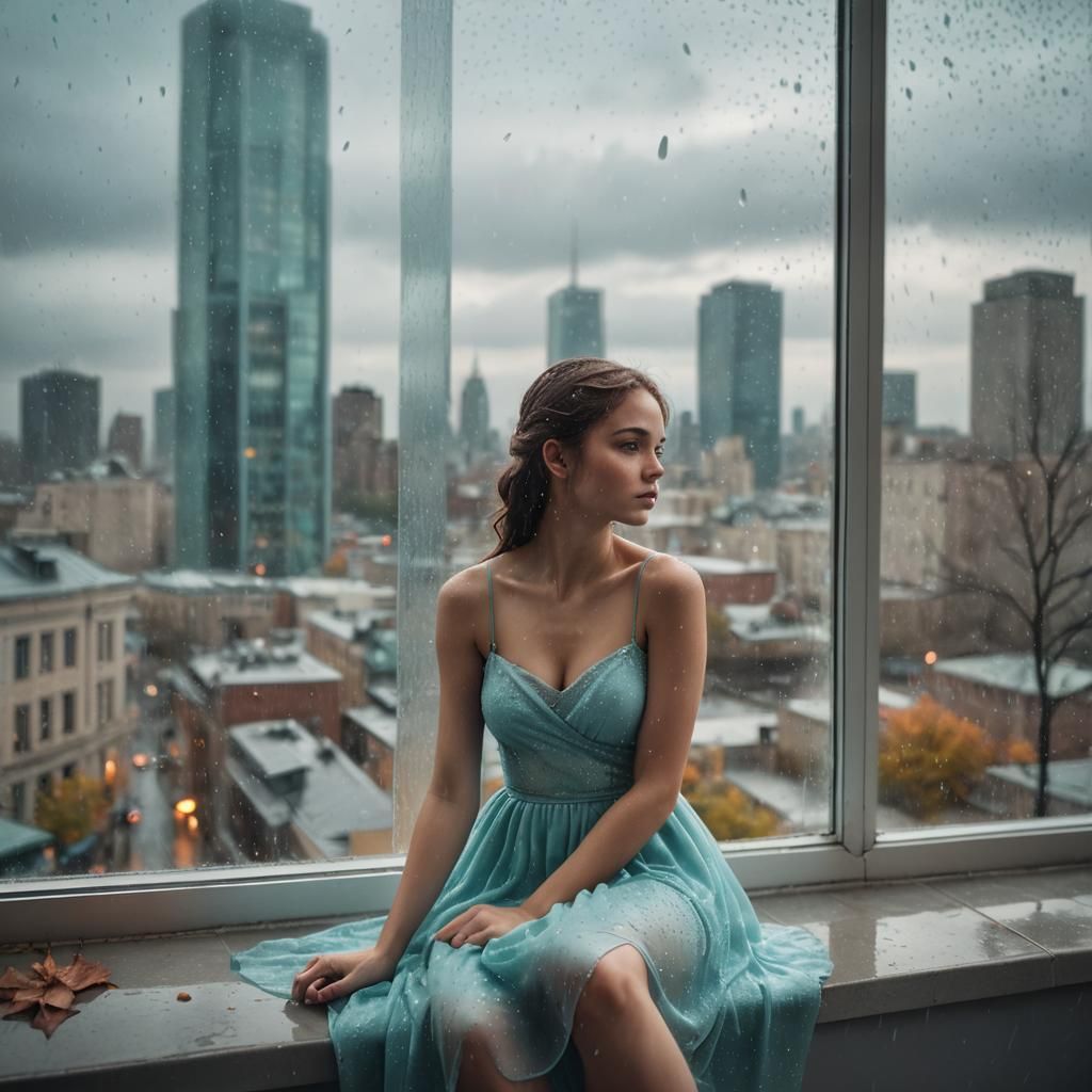 Teenager in Cyan Dress Gazing at Rainy Cityscape