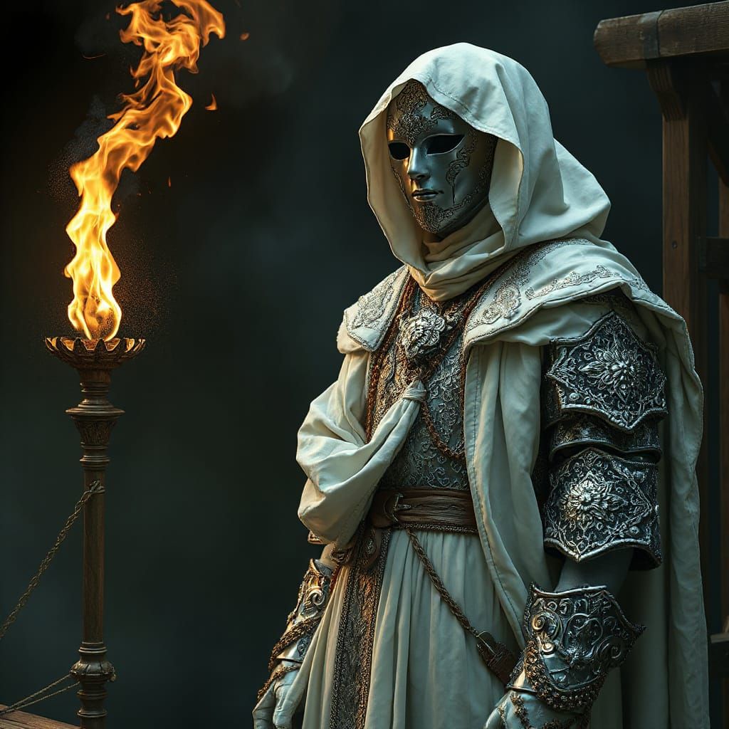 Mystical Figure in Ornate Armor Weaves by Torchlight