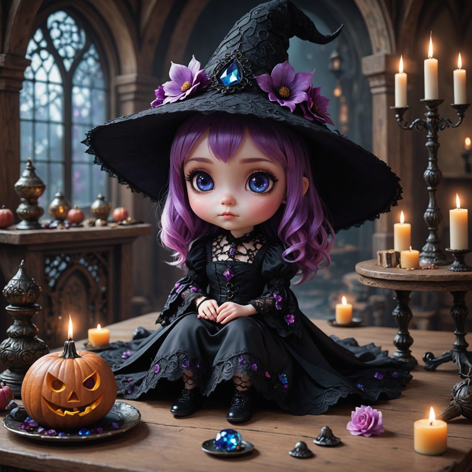 Whimsical Chibi Witch in Enchanted Castle Setting