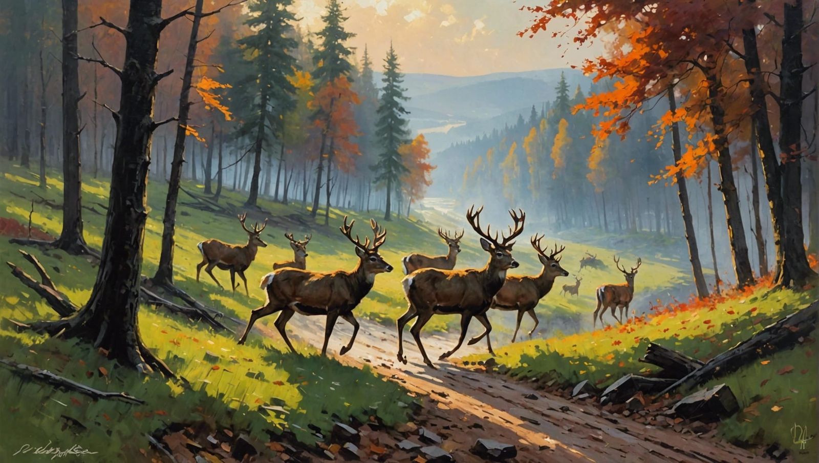Deer Escaping Forest Fire: Post-Impressionistic Oil Painting