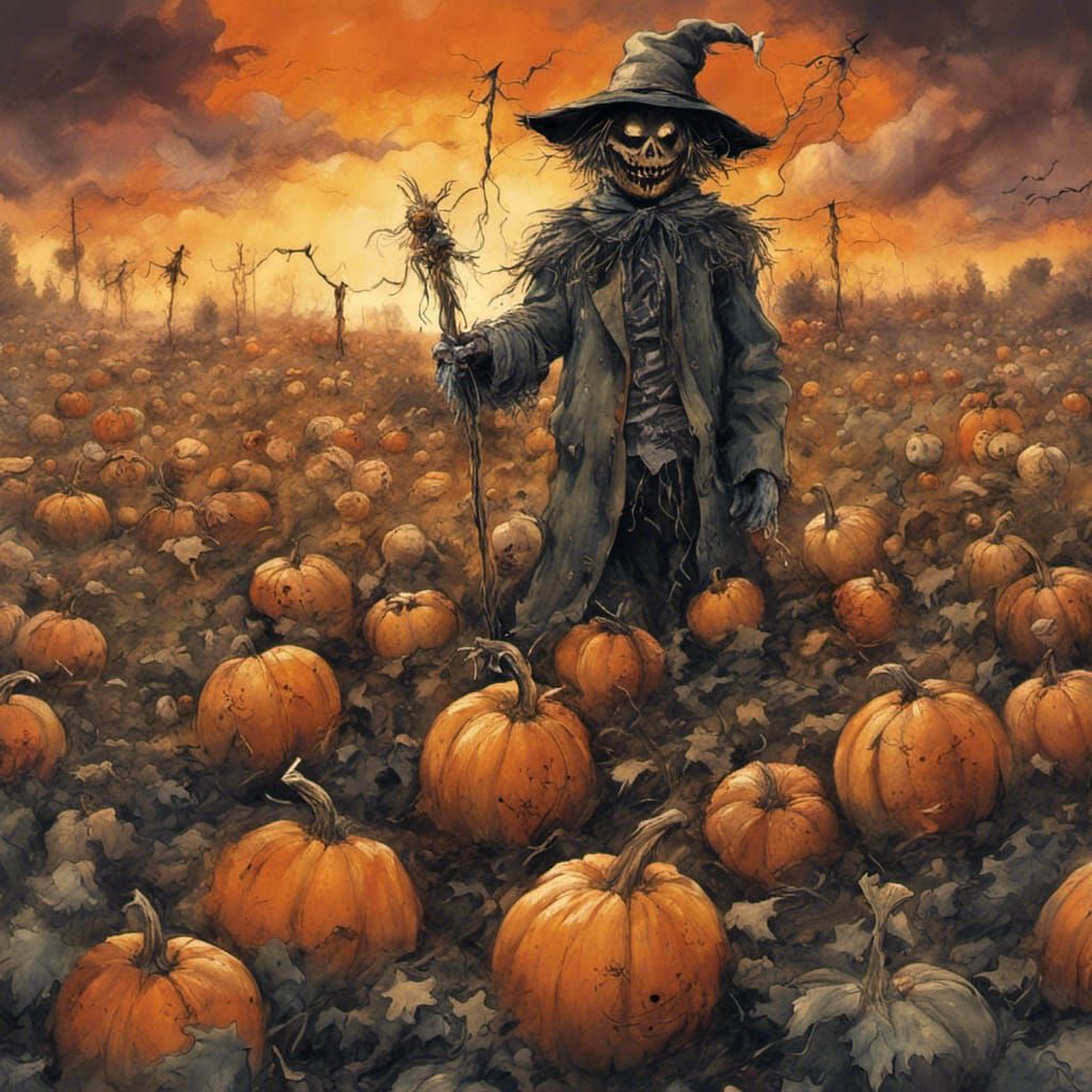 Sinister Scarecrow in Spooky Pumpkin Patch