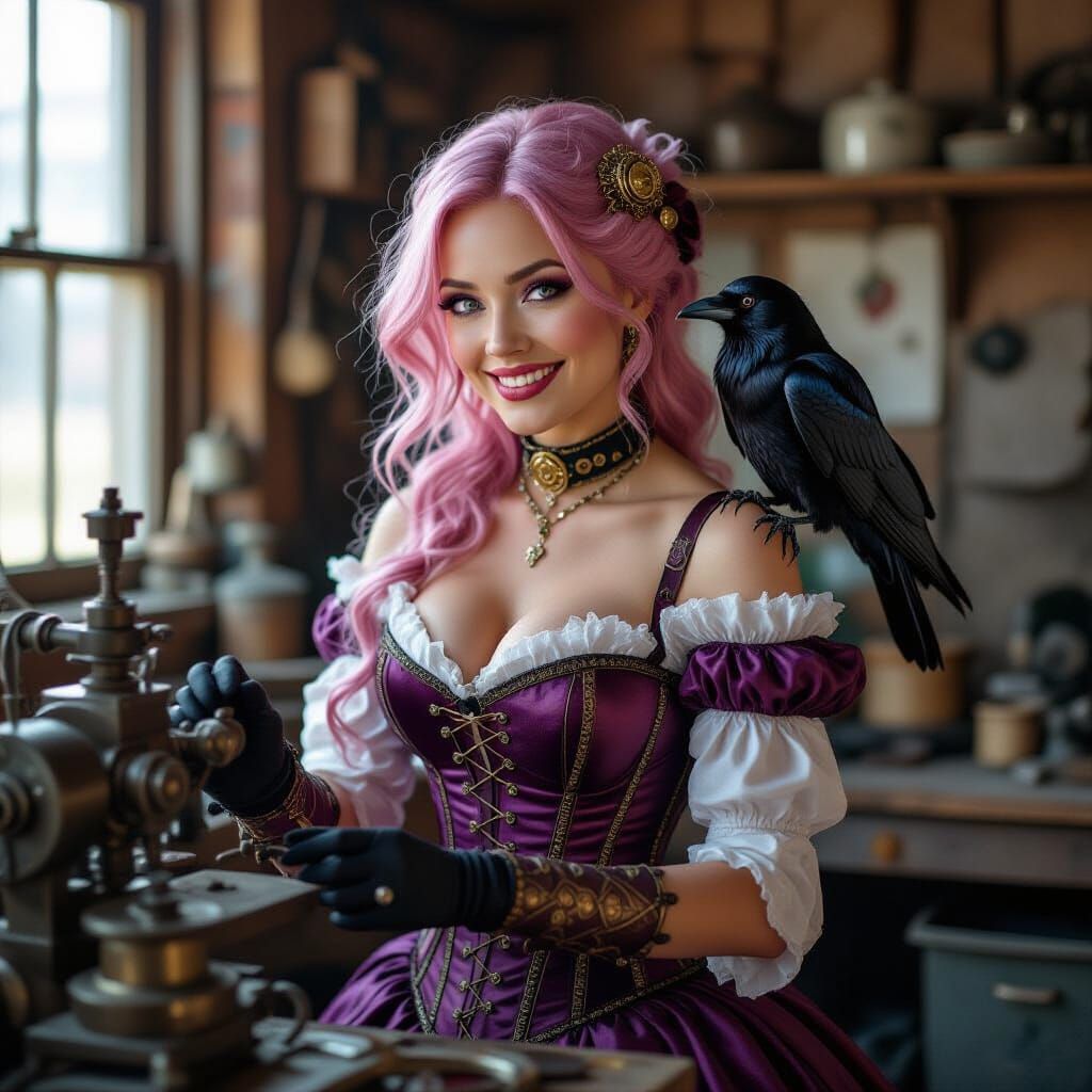 Steampunk Inventor with Pink Hair Fixes Machine