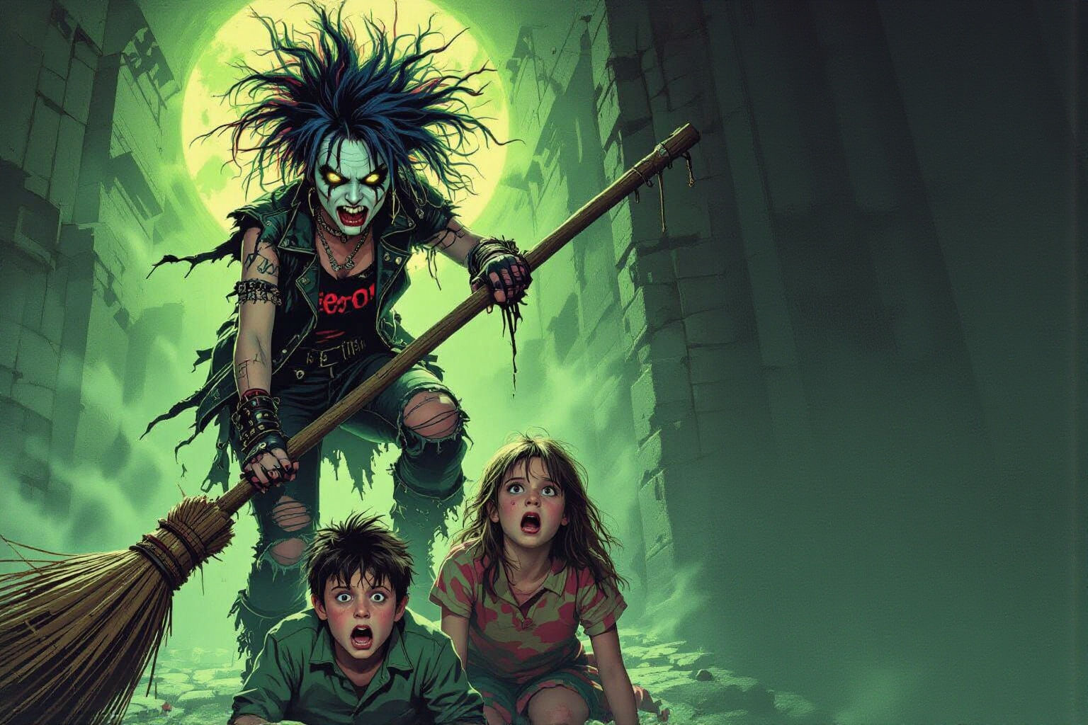 Punk Befana on Metal Broomstick in 80s Horror Style