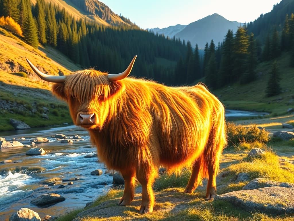 Majestic Highland Cow by Creek in Lush Forest
