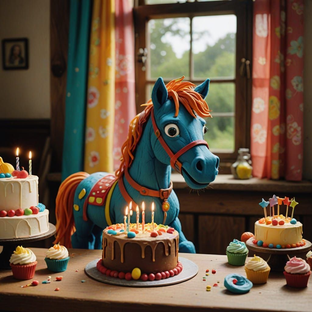 Claymation Pony Devours Birthday Cake in Whimsical Chaos