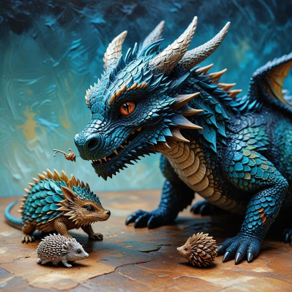 Cute Dragon and Hedgehog Impasto Painting