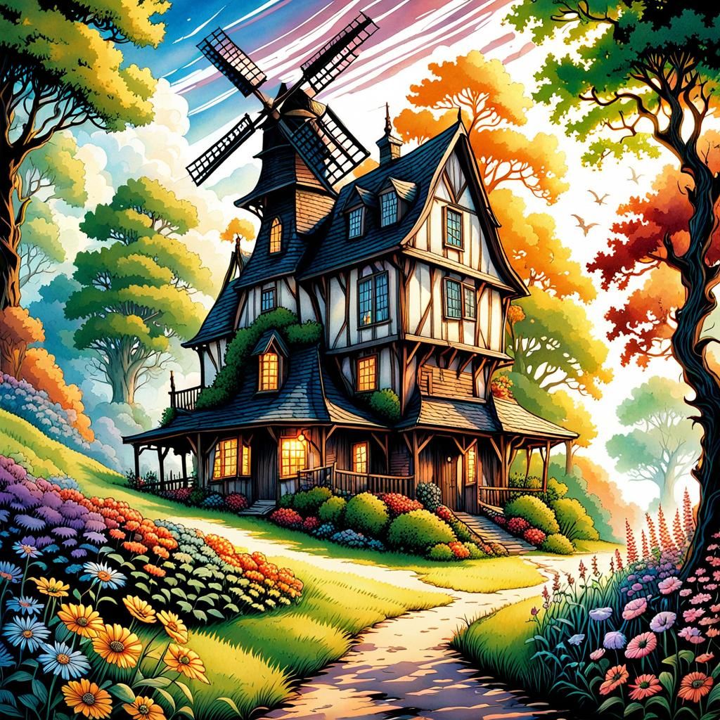 Enchanted Gothic Windmill in Watercolor Spring Landscape