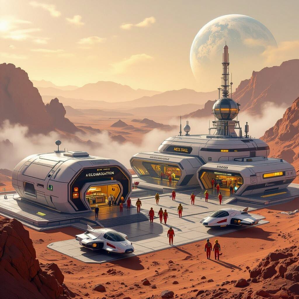 Futuristic Mars Station with Spacemen in Dreamy Style