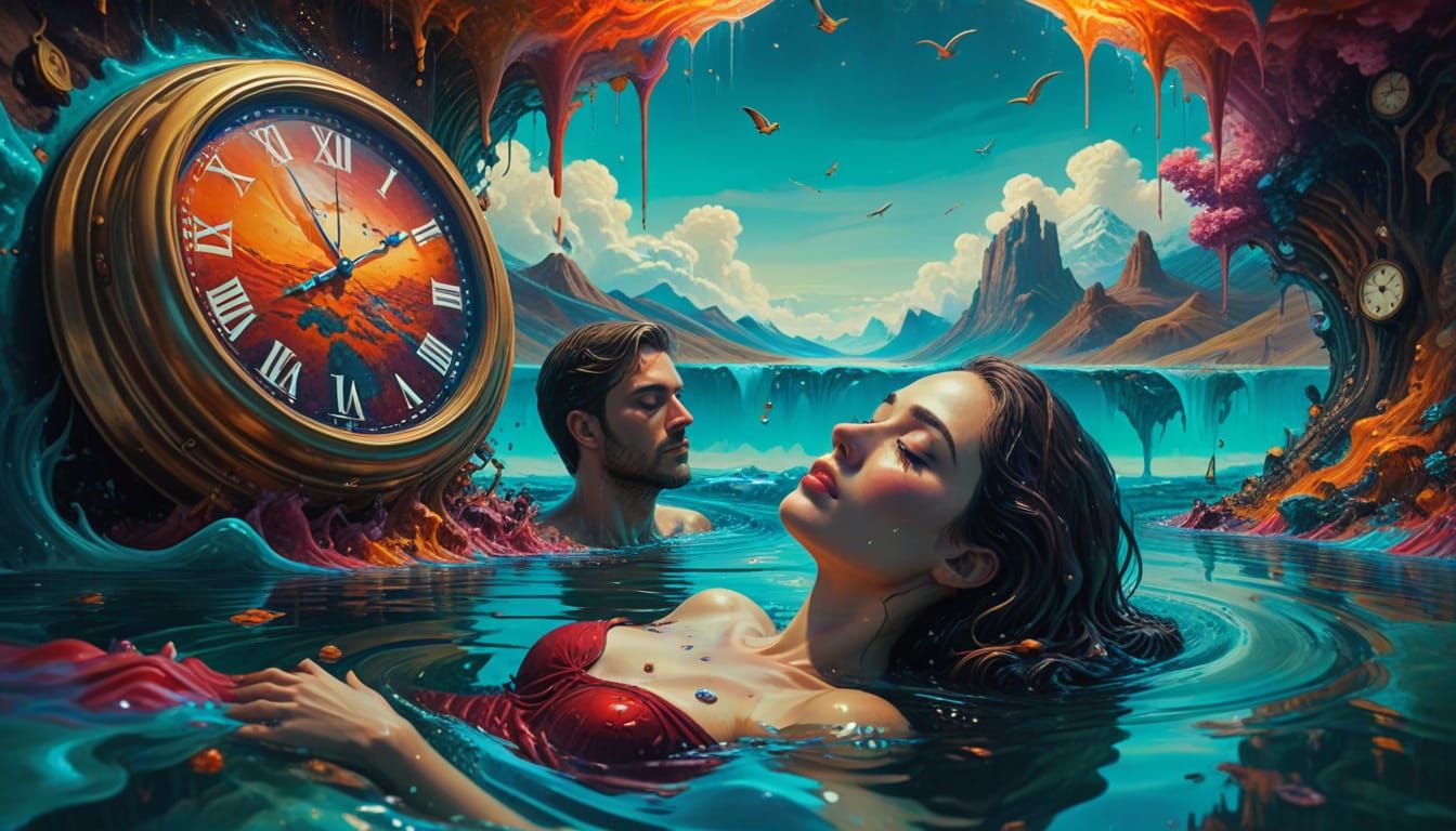 Surreal Dreamscape of a Couple Amidst Melting Clocks