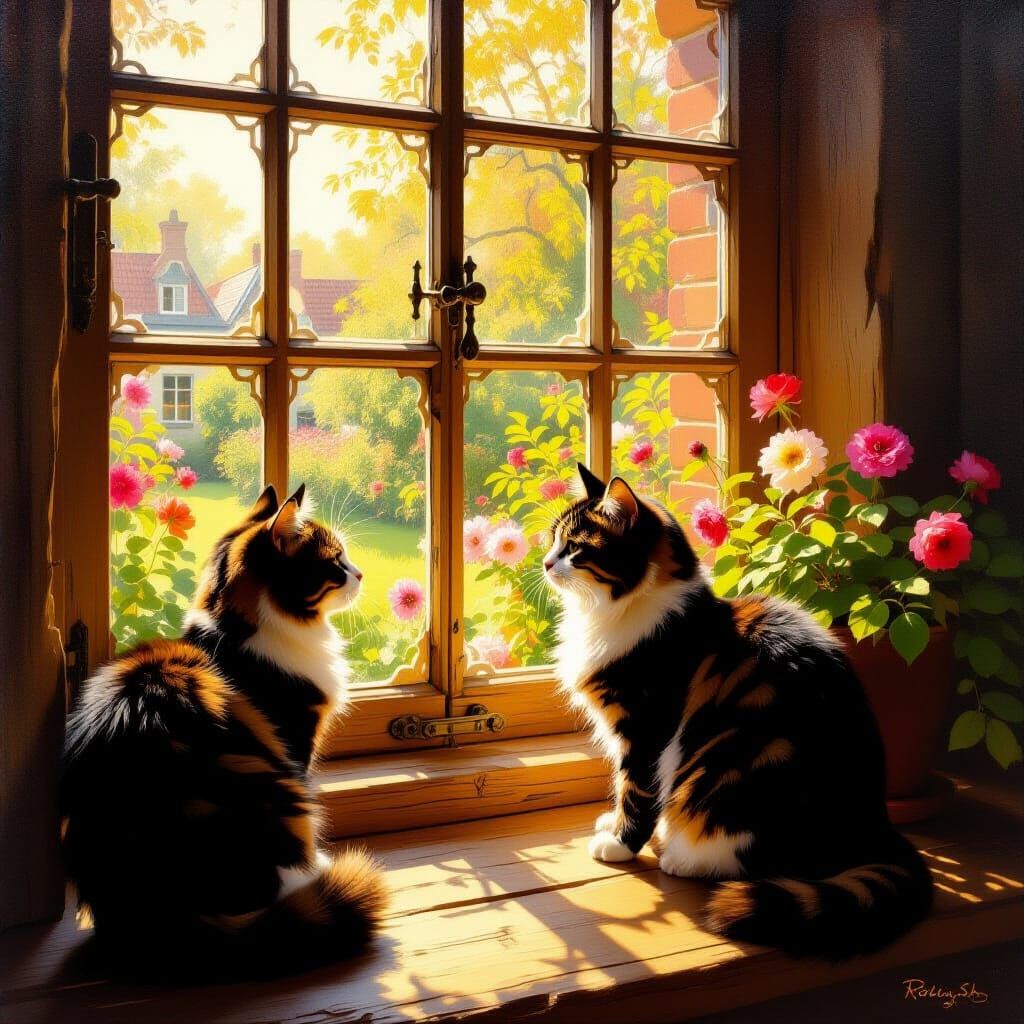 Cats Playing in Sunlight: A Photorealistic Oil Painting
