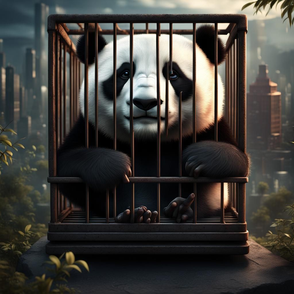 Sad Panda in Cage Cityscape Matte Painting