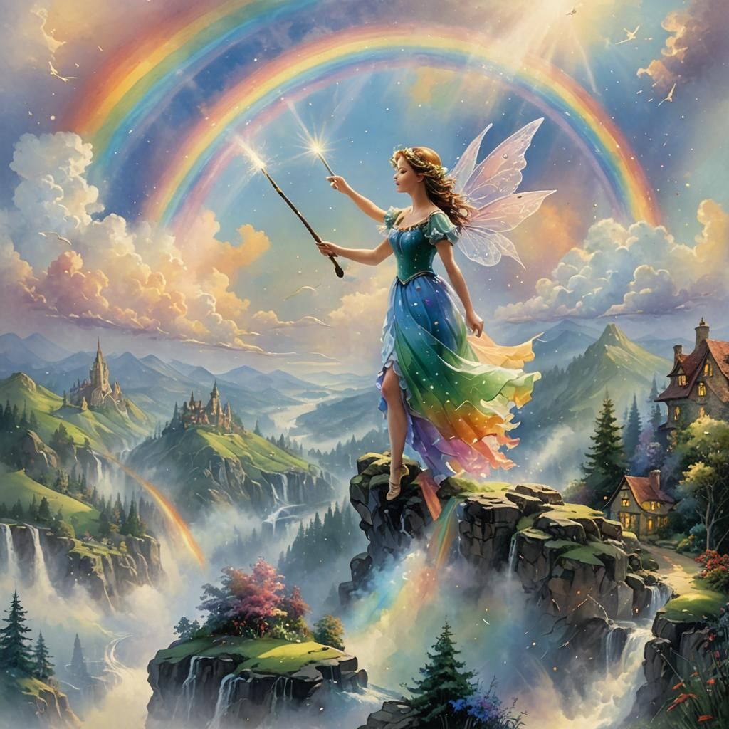 Fairy Creates Rainbow with Brush in Watercolor Style