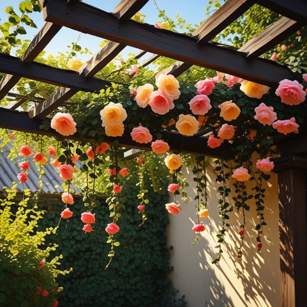 Vibrant Pergola with Climbing Roses in Impressionist Style