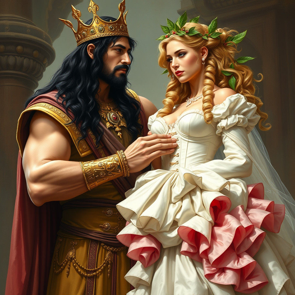 Roman King Adorns Prissy Bride, Pre-Raphaelite Style