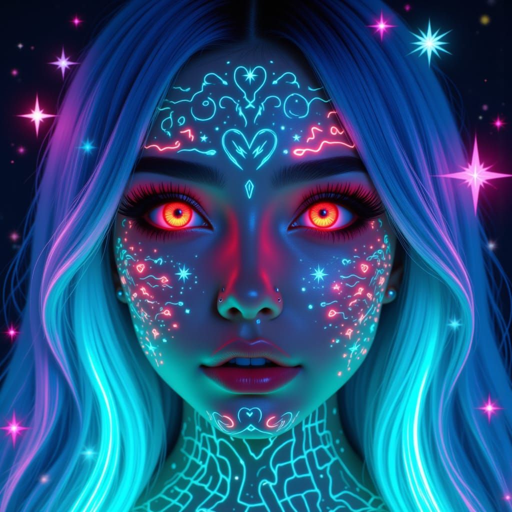 Cyberpunk Woman with Neon Hair and Circuit Paint