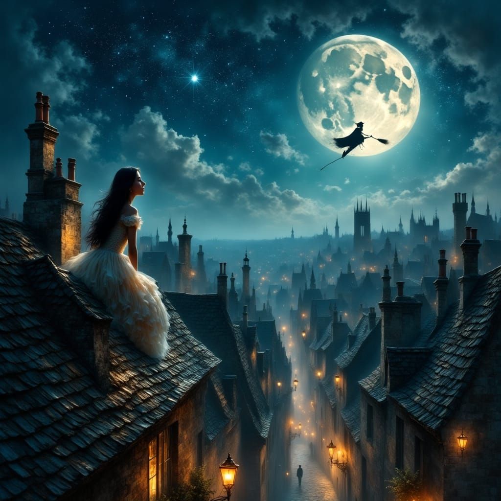 Medieval Rooftop Scene with Witch in Hyperrealism